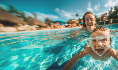 A joyful mother and her child swimming in a bright blue pool on a sunny day. The image captures their happiness and the vibrant atmosphere of the outdoor setting. - Powered by Adobe