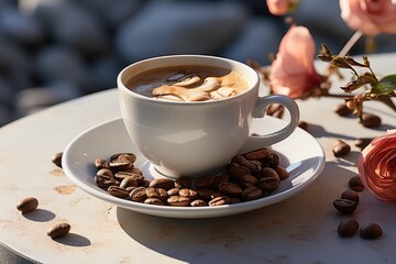 Fresh toasted coffee beans and a cup of hot coffee with foam, located on the left , generative IA