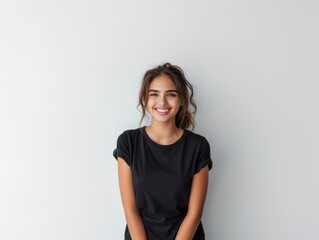 Beautiful natural brunette woman, smiling and looking in camera with white teeth. Close-up portrait of cute female woman in black t-shirt on white background. 