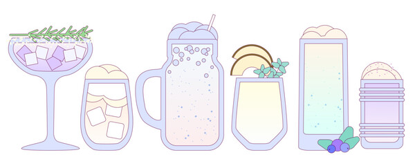 Cocktails set. Soft drinks with milk, coconut cream. Milkshake. Milky summer cocktail. Alcohol drink for bar. Non-alcoholic beverage. Flat vector illustration with outline, gradient