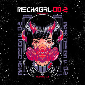 horned girl wearing transparent future mask with detailed robotic style illustration vector file