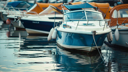 Fototapeta premium Blue and White Speedboat Docked in Marina. A sleek blue and white speedboat docked in a calm marina, surrounded by other boats.