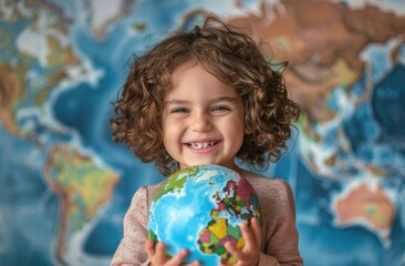 Little Girl Holding Globe in Front of Map