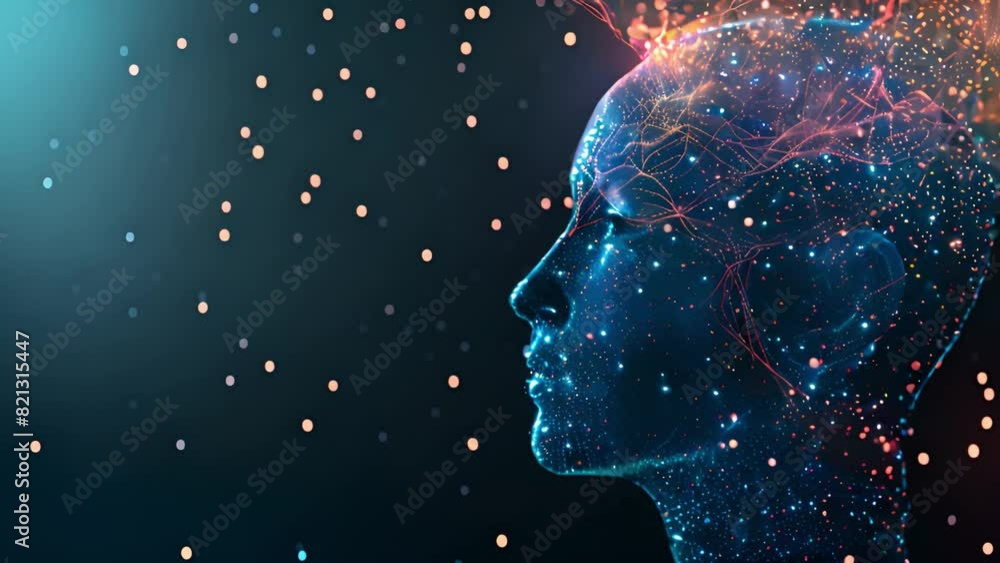 Poster A side profile of a human head is visualized with digital neural networks and sparks of light, set against a dark background, embodying advanced futuristic technology.