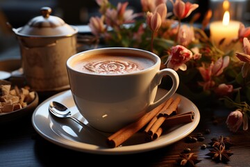 A cup of creamy coffee and cinnamon sticks on the wooden plate., generative IA