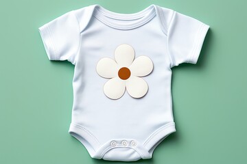 Gender neutral newborn bodysuit mockup on pastel blue with white flowers, infant onesie template
