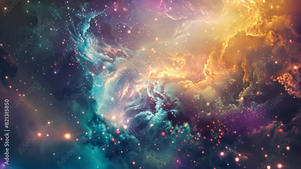 Poster A colorful nebula with bright blue and orange hues surrounded by interstellar dust and stars in deep outer space during daytime.