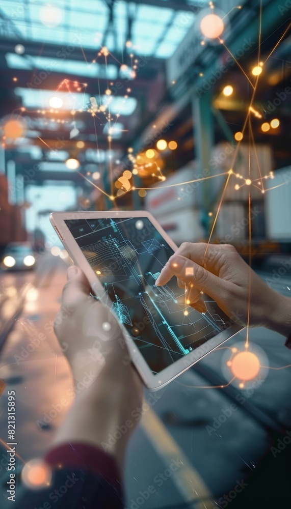 Poster logistics manager using tablet for container shipment tracking at shipping port - supply chain and f