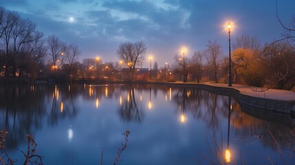 A serene lake with moonlit water reflects streetlights and tree silhouettes, creating an enchanting scene.