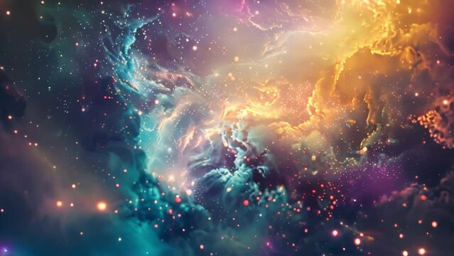 A colorful nebula with bright blue and orange hues surrounded by interstellar dust and stars in deep outer space during daytime.