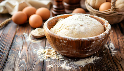 Fototapeta premium Bowl of fresh yeast dough on wooden table