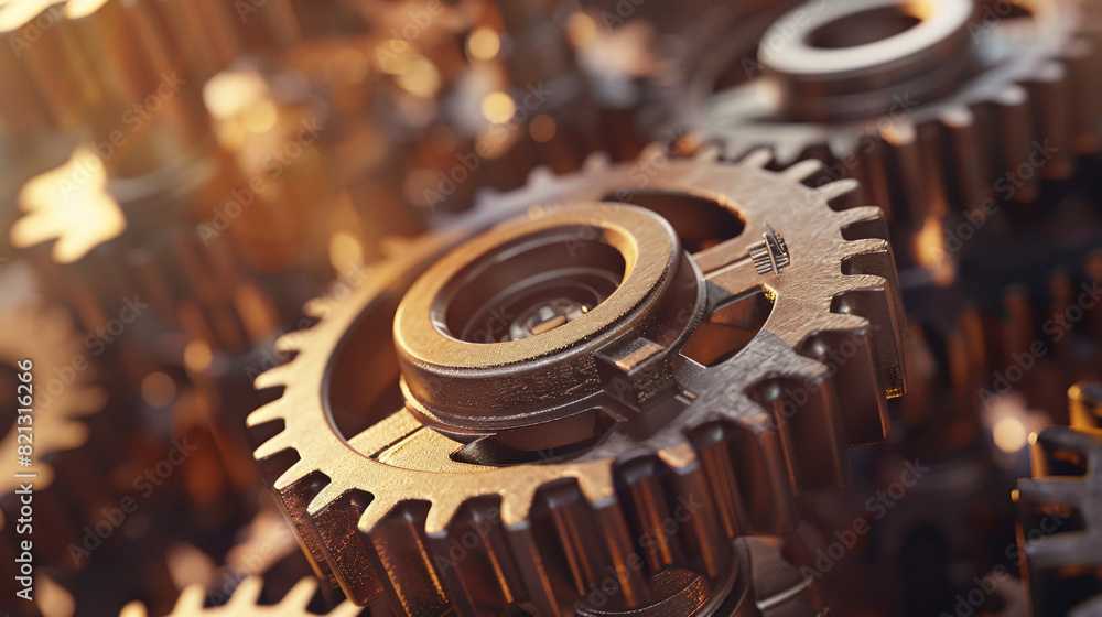 Poster close-up of interlocking gears in golden light. intricate cogs and gears meshing together, symbolizi