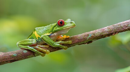 Green Frog With Red Eyes Sitting on Branch