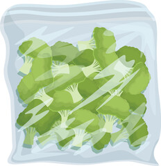 Vector illustration of fresh, green broccoli florets sealed in a clear, plastic bag