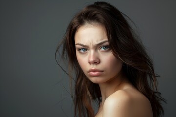 Fototapeta premium Portrait of attractive angry woman on gray background. Female beauty.