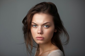 Naklejka premium Portrait of attractive angry woman on gray background. Female beauty.