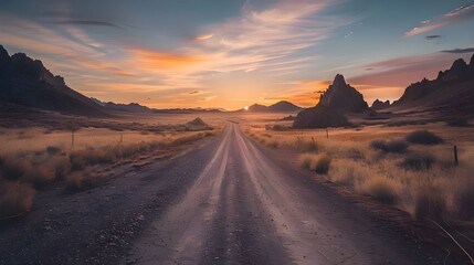 An open road through a barren, rocky desert at dawn felt like a summons to adventure, travel, and escape—a journey through life's challenges and hardships toward freedom, adventure, and the unknown.