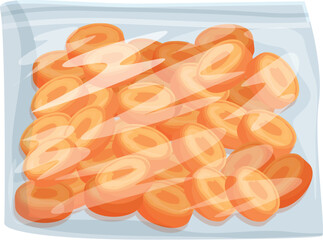 Vector graphic of a transparent plastic bag filled with golden pretzel snacks