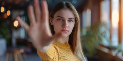 woman raised her hand for dissuade, Abuse, stop violence against women. Stop sexual harassment and rape. ai