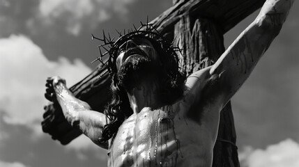 Jesus wearing a crown of thorns, crucified on a cross against the sky.