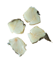 Four pieces of cod on white background Gadus morhua