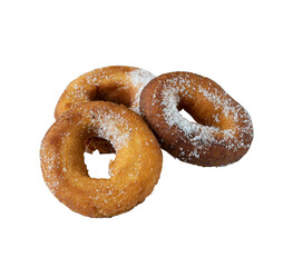 Three donuts with powdered sugar on top. The donuts are arranged in a row on a white background