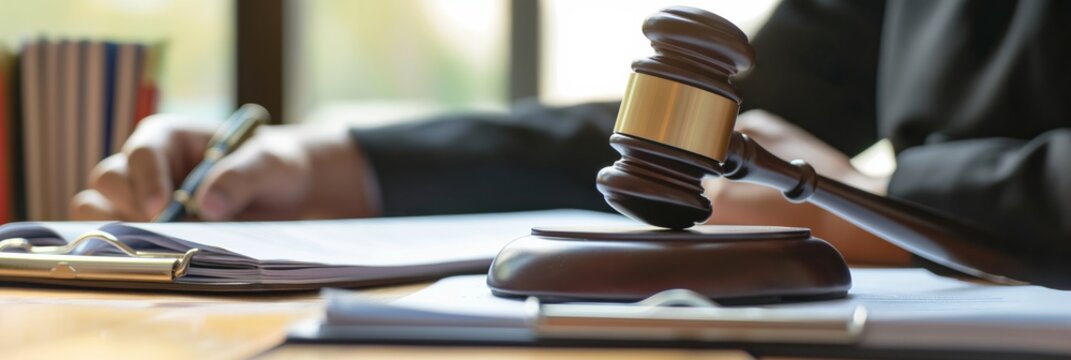 Close-up of a wooden gavel on a desk in front of a judge, symbolizing law and justice