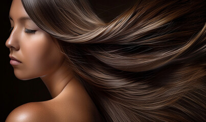 Portrait of girl with long flowing hair in studio setting showcasing hair movement