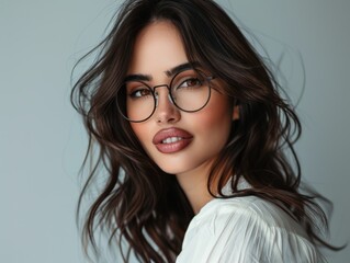 Fototapeta premium Stylish young businesswoman wears glasses and smiles. Successful woman. Business style. Fashion and beauty.