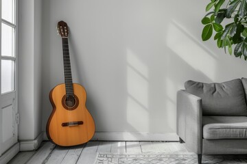 Living Room With Couch, Guitar, and Potted Plant