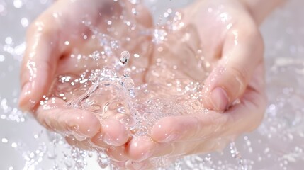 Fototapeta premium Purity and Hydration Concept: Close-up of Hands Cupping Sparkling Water - Ideal for Health and Wellness Posters, Cards, and Print Design