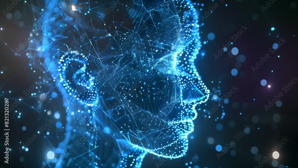 Poster a digital illustration depicting a human head in profile, composed of blue network lines and glowing