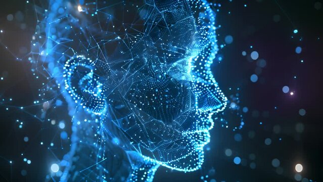 A digital illustration depicting a human head in profile, composed of blue network lines and glowing dots, representing advanced technology or artificial intelligence.