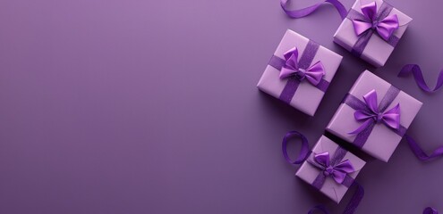 Group of Purple Wrapped Presents on Purple Background