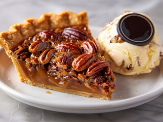Tantalizing slice of caramel pecan pie, portion of vanilla ice cream is laid out on top. Flaky, buttery crust cradles rich and gooey caramel filling with nuts.  Perfect for Thanksgiving gatherings.