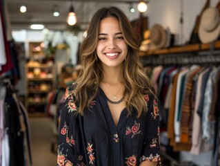 Obraz premium Young attractive woman smiling against the background of a clothing store. Small business owner, store manager, successful modern businesswoman.