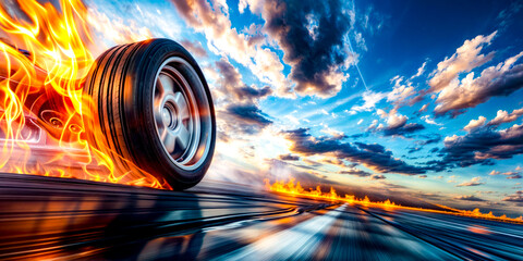 Car tire on road with sky and clouds in the background.