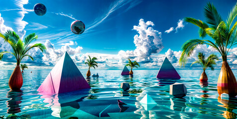Group of pyramids floating on top of lake under blue sky.