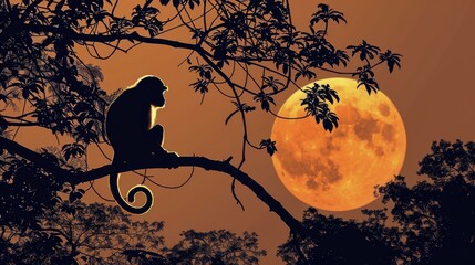 Monkey Sitting on Tree Branch at Sunset