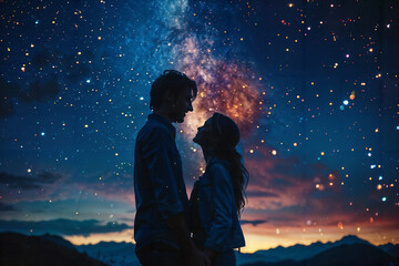 Obraz premium Young Couple Sharing a Romantic Moment Under a Starry Sky. Generative AI