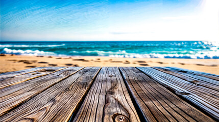 Wooden table with view of the beach and ocean in the background.