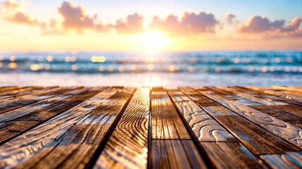 Close up of wooden table with the sun setting in the background.