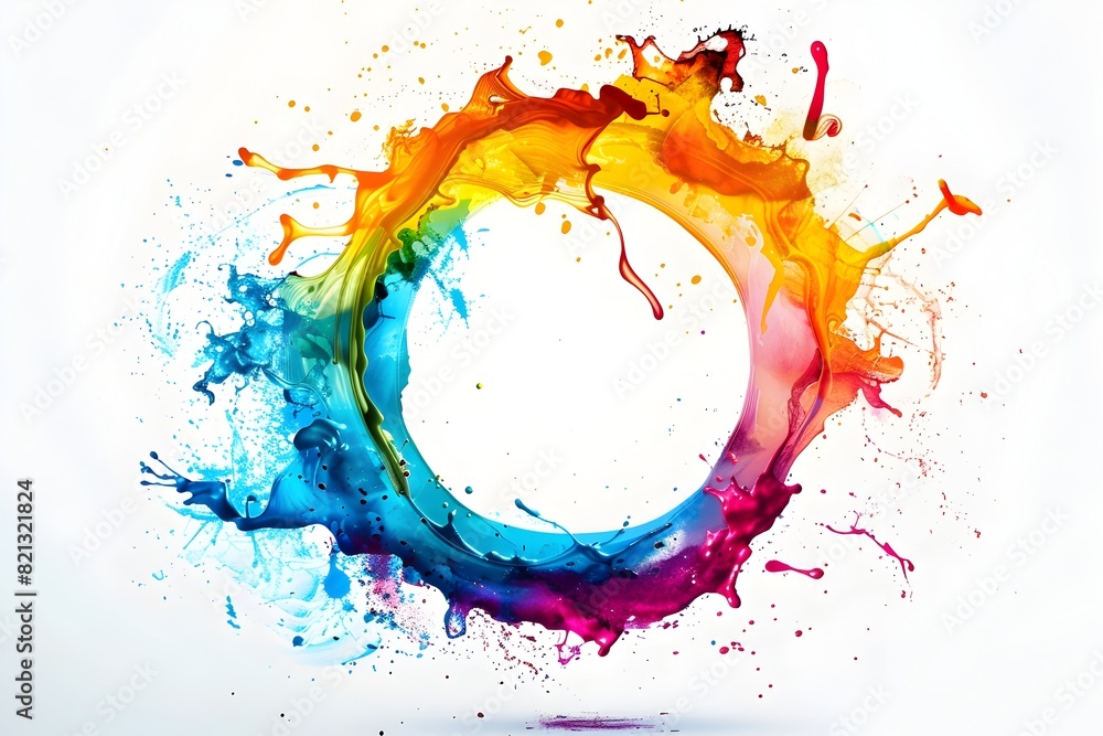 Poster colorful paint splashes in the shape of an o, forming a circular design on a white background