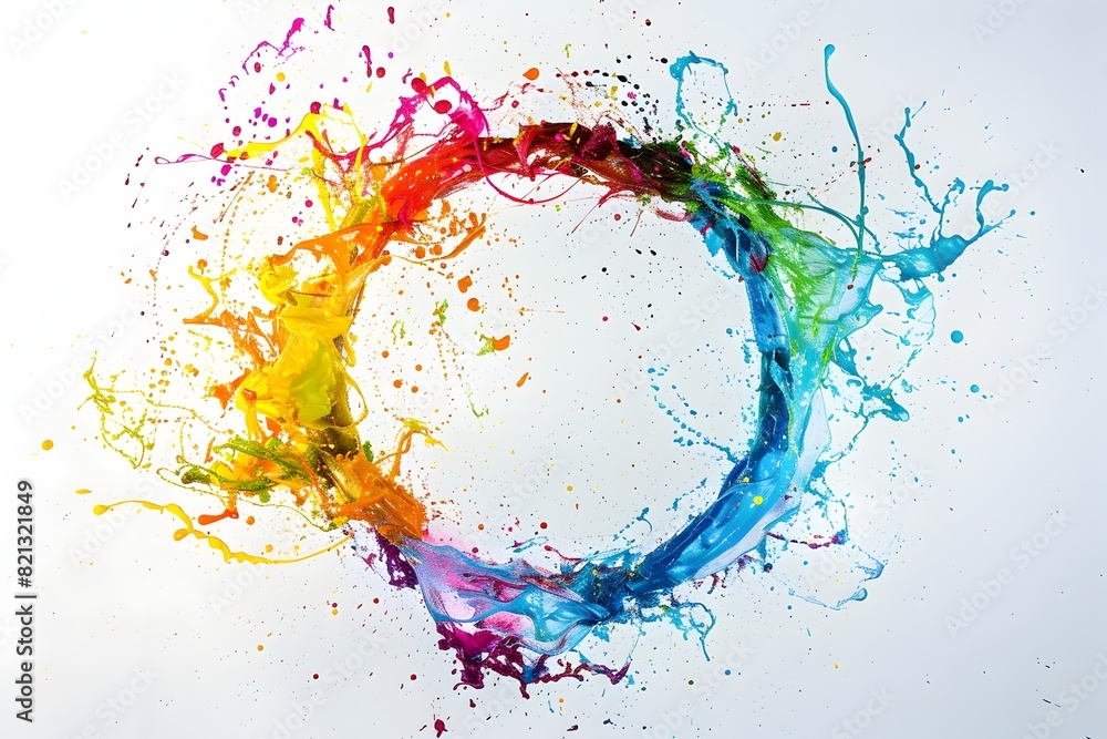 Poster colorful paint splashes in the shape of an o, forming a circular design on a white background