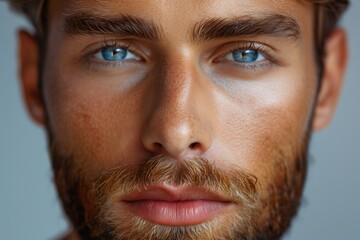 Obraz premium A man with a beard and blue eyes. Close-up. The man has a tanned complexion.
