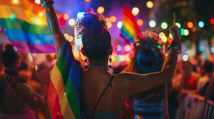 Festive atmosphere with live music and dancing at a nighttime pride event