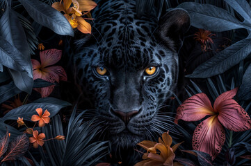 A black panther blending in with its surroundings of vibrant flowers and lush green leaves in a natural setting