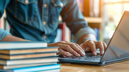 Person Typing on Laptop in Front of Stack of Books