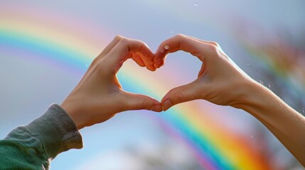 Close-up of hands forming a heart shape with a rainbow in the background