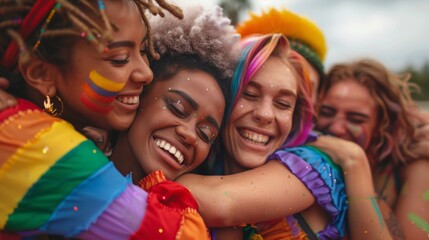 Group hug among diverse friends wearing rainbow-themed outfits